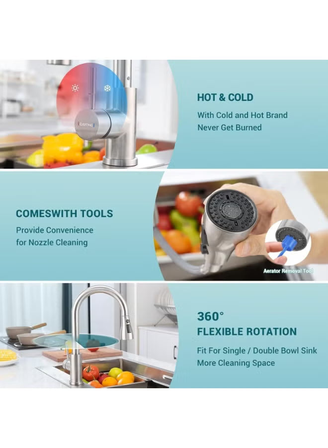 Brushed Nickel Kitchen Tap with Pull Down Sprayer – 3 Water Modes, Stainless Steel Single Handle Mixer Faucet