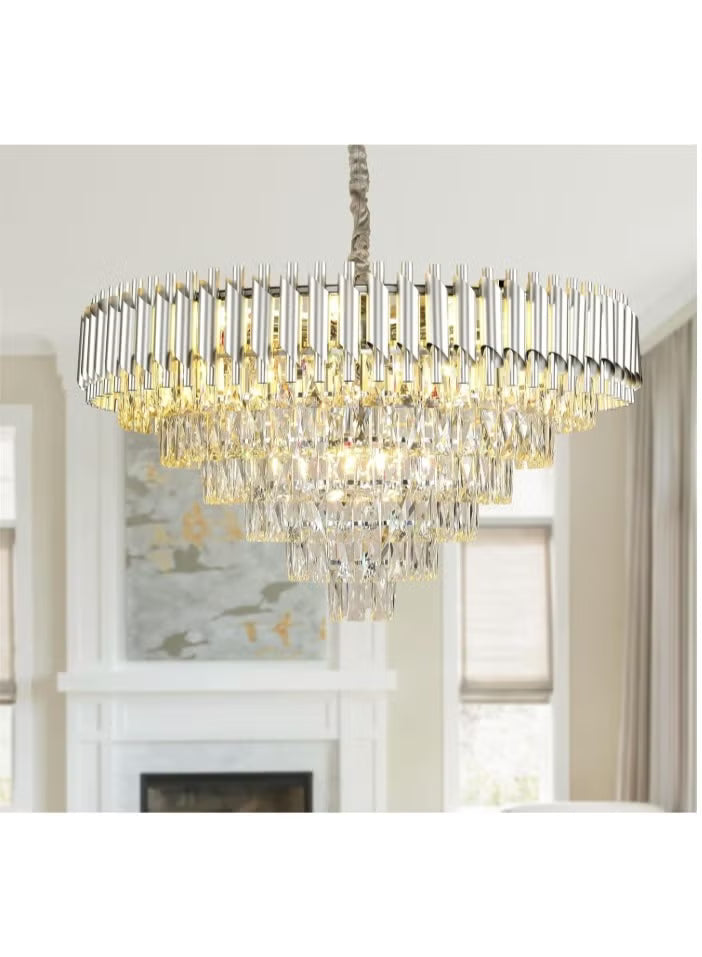 Modern Silver Crystal Chandelier – 3-Tier Luxury Pendant Ceiling Light for Living Room, Dining Room & Bedroom – Elegant K9 Crystal Design with Polished Chrome Finish & Adjustable Hanging Chain