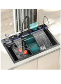 Waterfall Kitchen Sink Black Single Bowl Smart Sinks Stainless Steel Farmhouse Workstation Sink Bar Sink, Drop-In/Undermount with Accessories