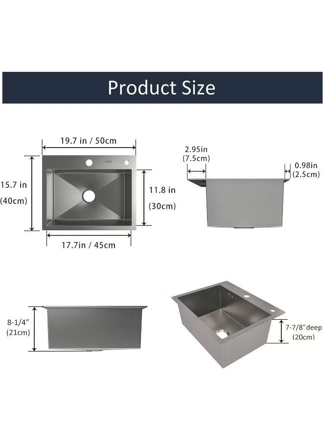 50 x 40 CM Stainless Steel Kitchen Sink - Large Single Bowl Undermount/Topmount Sink with Basket Strainer, Durable 304 Grade Material, Anti-Scratch Finish, Easy to Clean