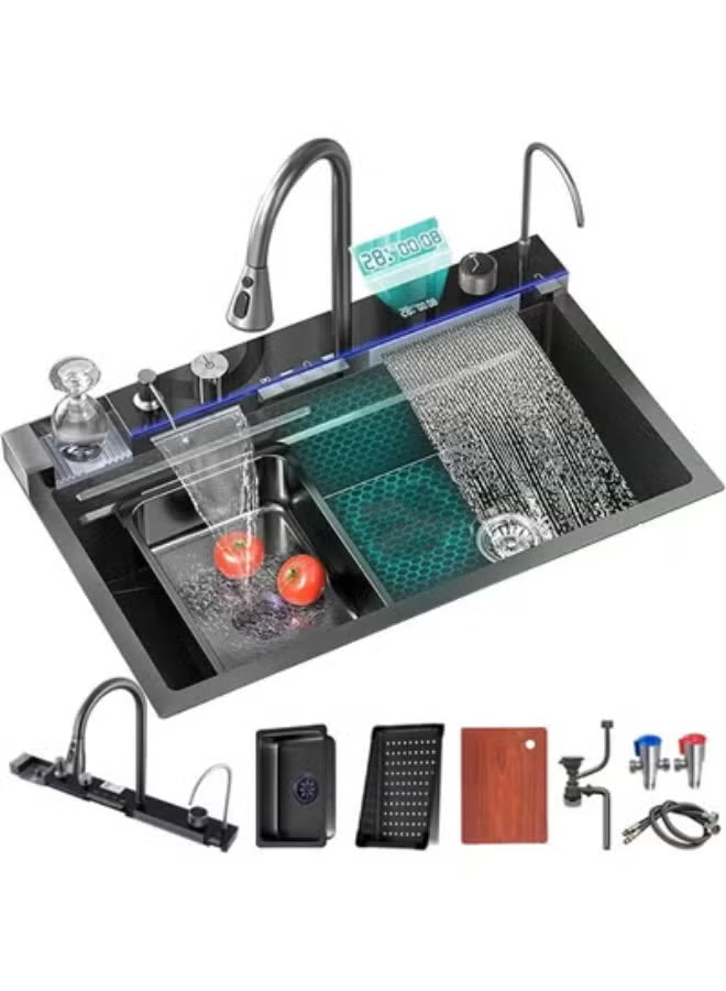 Smart Kitchen Sink with Touch Control LED Display, Dual Waterfall Faucet, Vegetable Washer, Soap Dispenser, and Multifunction Accessories – Stainless Steel Double Bowl Sink for Modern Kitchens