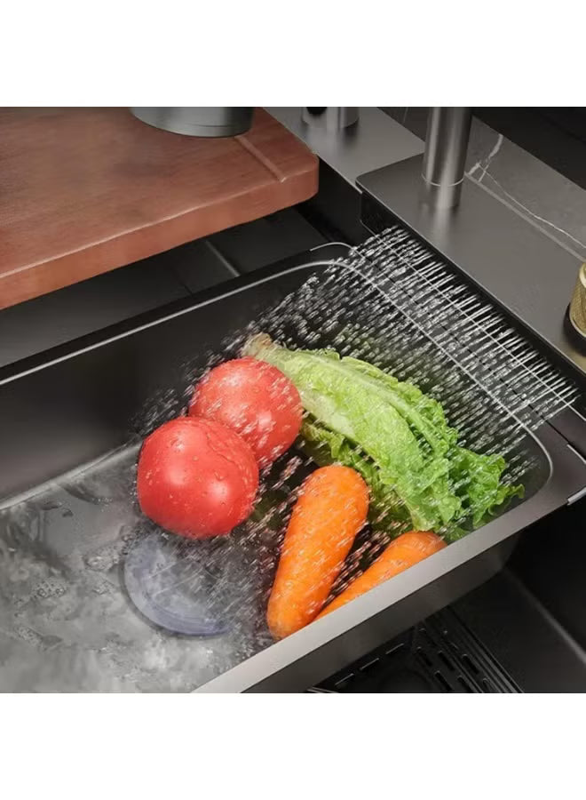 Stainless Steel Kitchen Sink 80x45cm with Waterfall Faucet – Single Bowl Sink with Cup Washer & Complete Installation Accessories – Modern Undermount/Topmount Design
