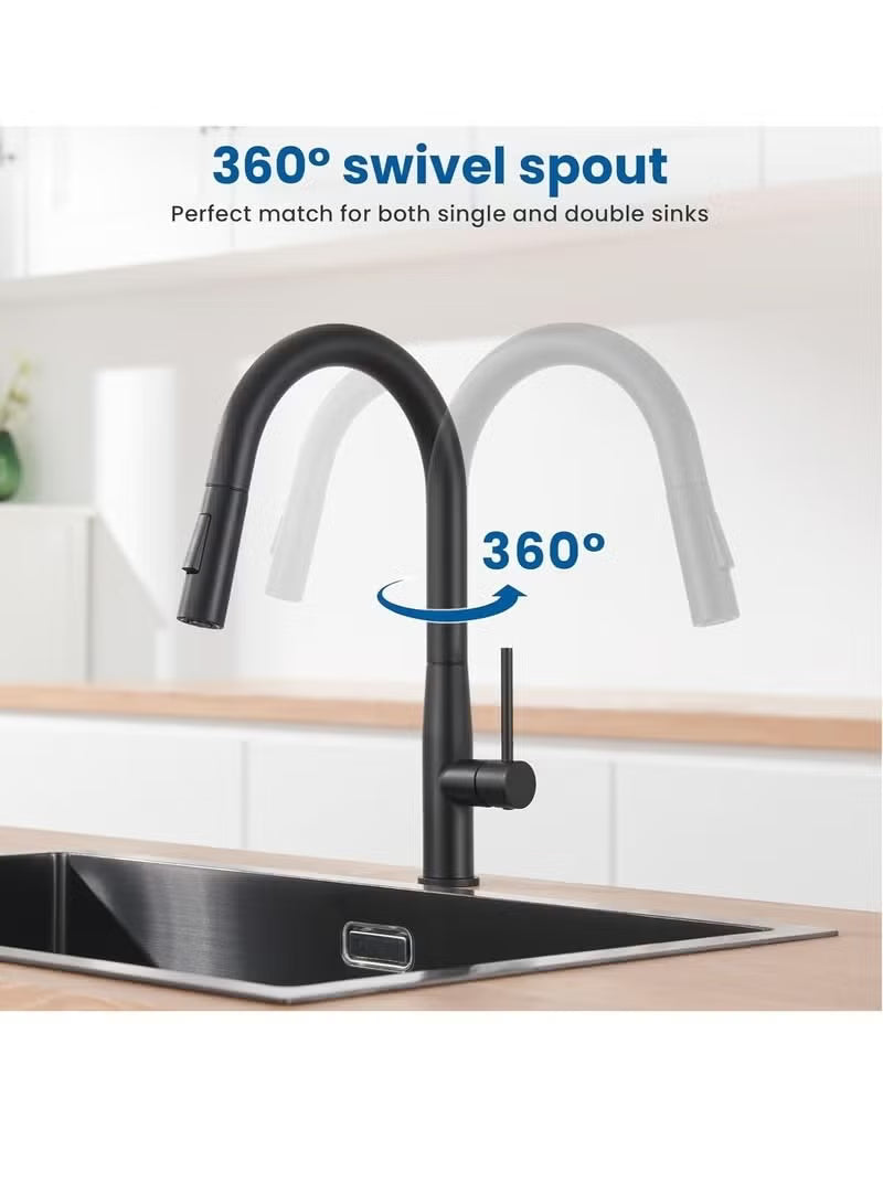 Premium Pull-Down Kitchen Faucet – Matte Black Stainless Steel Kitchen Sink Mixer Tap with Dual Spray, 360° Swivel & Single Handle Control