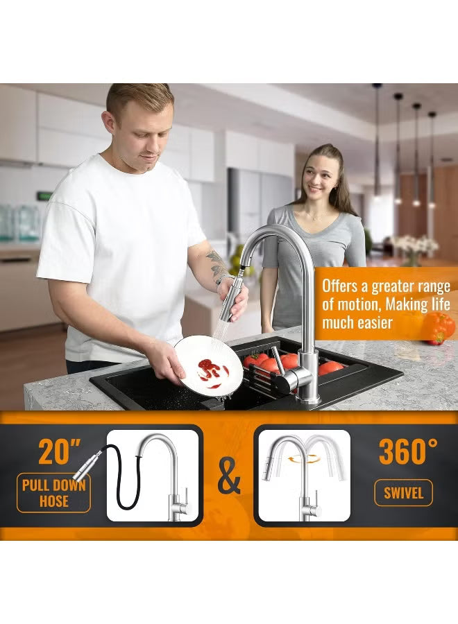APPASO Kitchen Faucet, Kitchen Sink Mixer tap with Pull Down Sprayer, Brushed Nickel Kitchen Faucets Mixer with 2 Water Modes, Single Handle Modern Kitchen Tap Faucet Stainless Steel