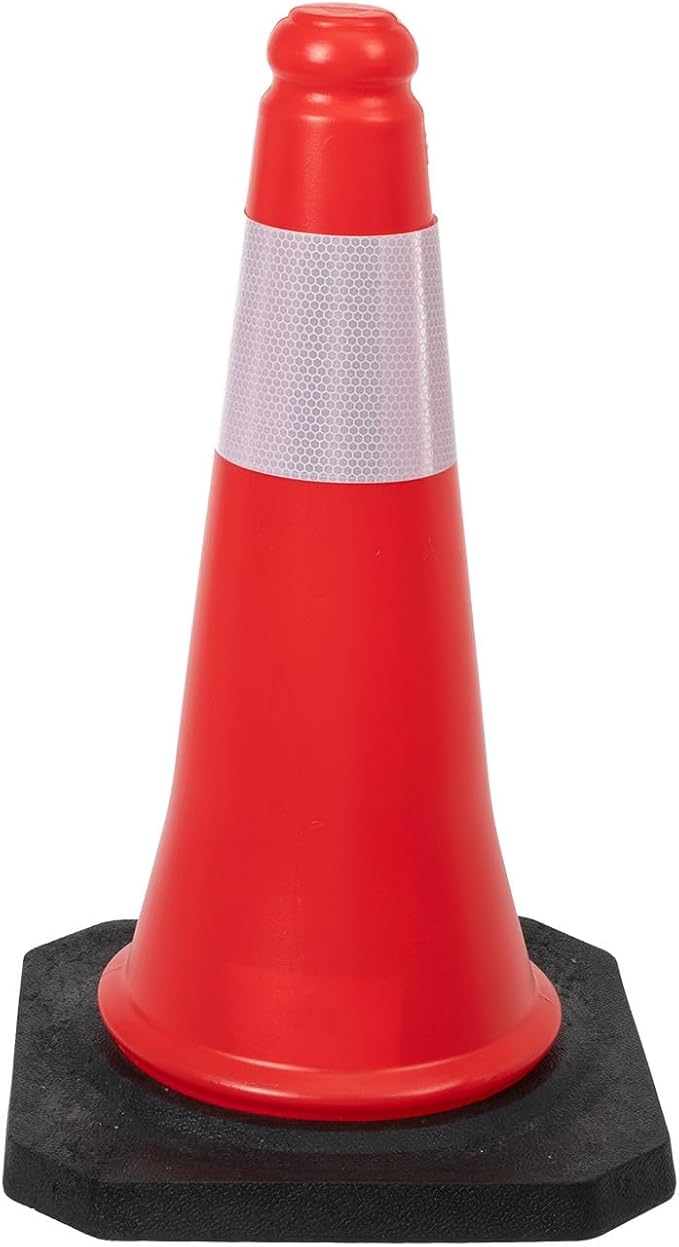  orange red traffic cone with reflective collar and heavy black base