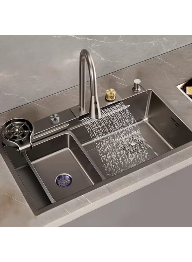 Stainless Steel Kitchen Sink 80x45cm with Waterfall Faucet – Single Bowl Sink with Cup Washer & Complete Installation Accessories – Modern Undermount/Topmount Design