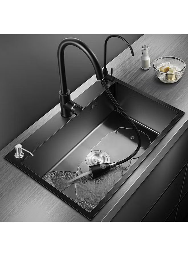 Kitchen Sink, Black Stainless Steel, 1 Basin with Slide Attachment with Various Accessories (80 x 50 cm)