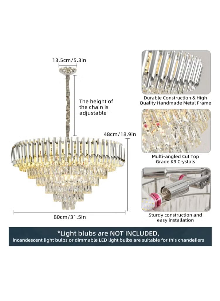 Modern Silver Crystal Chandelier – 3-Tier Luxury Pendant Ceiling Light for Living Room, Dining Room & Bedroom – Elegant K9 Crystal Design with Polished Chrome Finish & Adjustable Hanging Chain