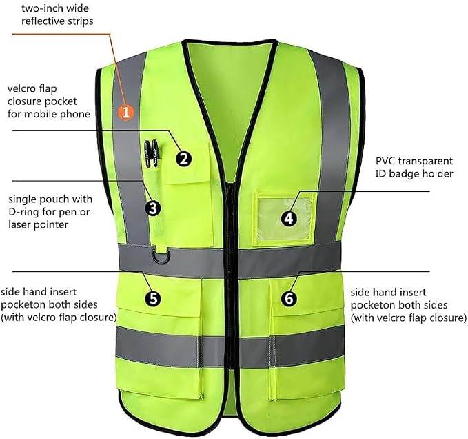 YU WELL reflective safety vest, high visibility, breathable mesh, zipper front with 5 pockets