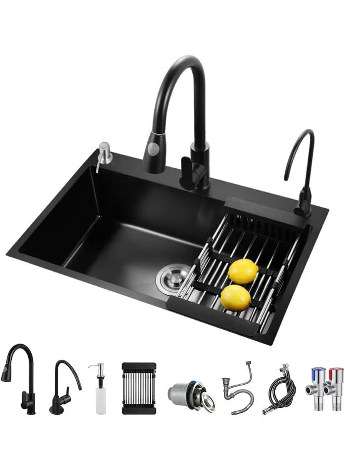 Kitchen Sink, Black Stainless Steel, 1 Basin with Slide Attachment with Various Accessories (80 x 50 cm)