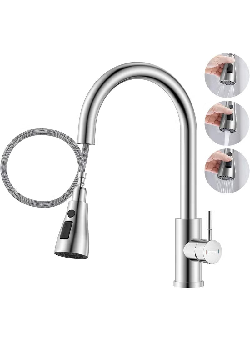 Brushed Nickel Kitchen Tap with Pull Down Sprayer – 3 Water Modes, Stainless Steel Single Handle Mixer Faucet