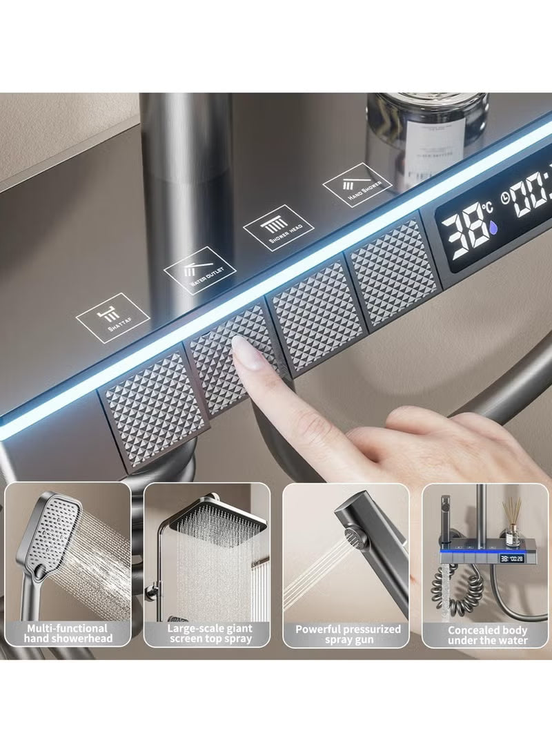 Shower System with LED Digital Display and Atmosphere Lamp, Piano Key Shower System, Intelligent Bathroom Shower Mixer Set with Booster Spray,Bathroom Shower,Overhead Shower and Adjustable Hand Shower