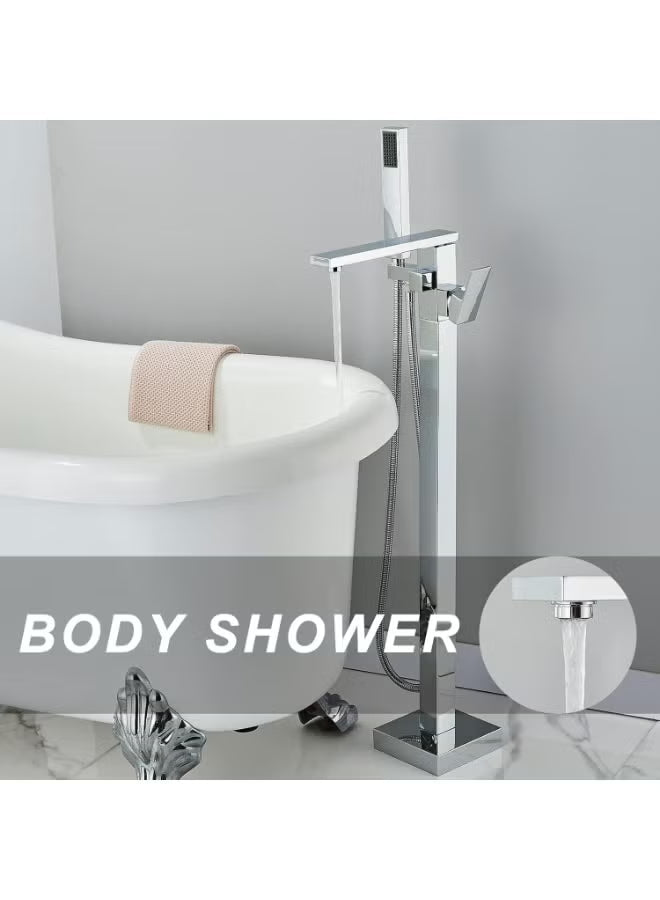 Freestanding Bathtub Faucet Floor Mounted Chrome Tub Filler with Handheld Shower – Modern Free Standing Bathtub Tap Mixer – Luxury Bathroom Shower Faucet Set