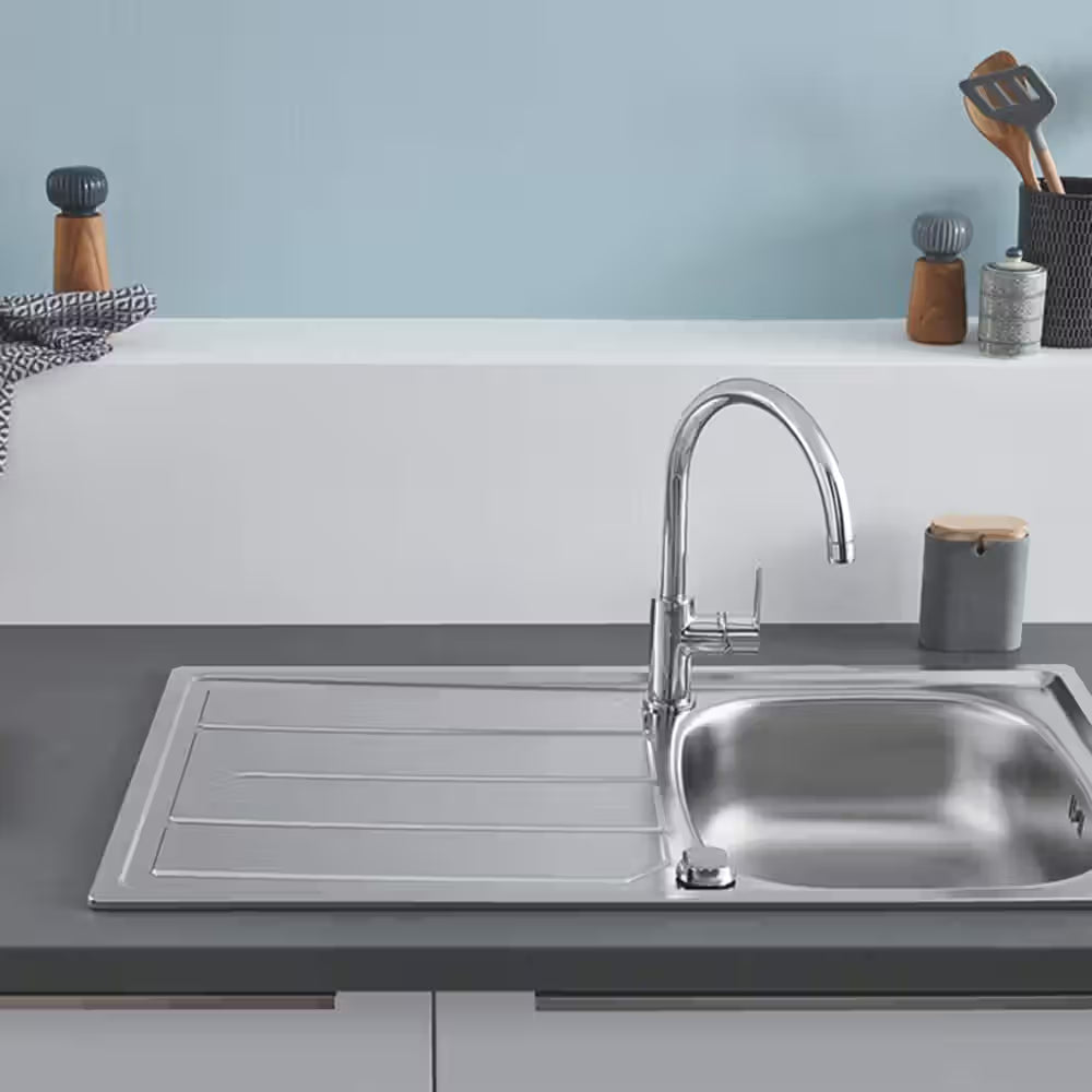 GROHE BauEdge single-lever kitchen sink mixer, chrome, 360° swivel spout, model 3136710F