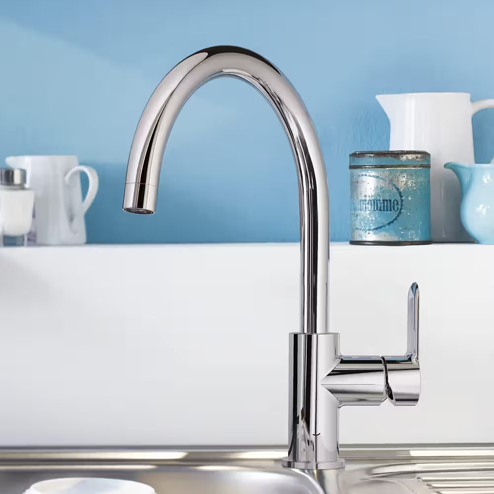 GROHE BauEdge single-lever kitchen sink mixer, chrome, 360° swivel spout, model 3136710F