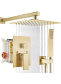 Rainfall Shower System with 10-Inch Brushed Gold Rain Shower Head & Handheld – Wall Mounted Bathroom Combo Set with Solid Brass Pressure Balance Valve – Luxury Full Body Shower Fixture for Modern Bathrooms