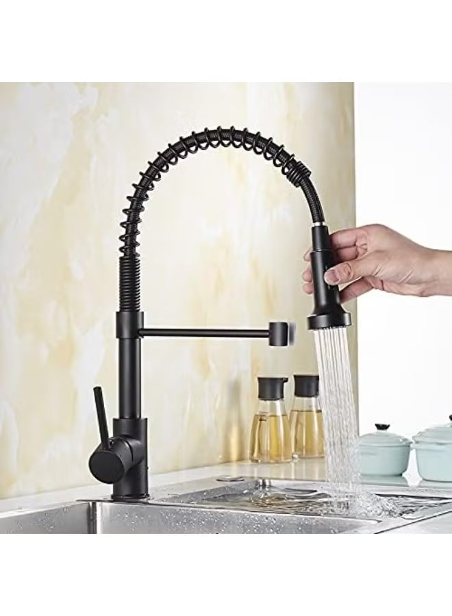  Premium Matte Black Spring Kitchen Faucet – High Arc Pull Down Kitchen Mixer Tap with 360° Swivel Spout, Hot & Cold Water Control, Commercial Style Sink Faucet, Heavy Duty Brass Body, Modern Luxury Kitchen Tap for Home, Restaurant & Hotel Use