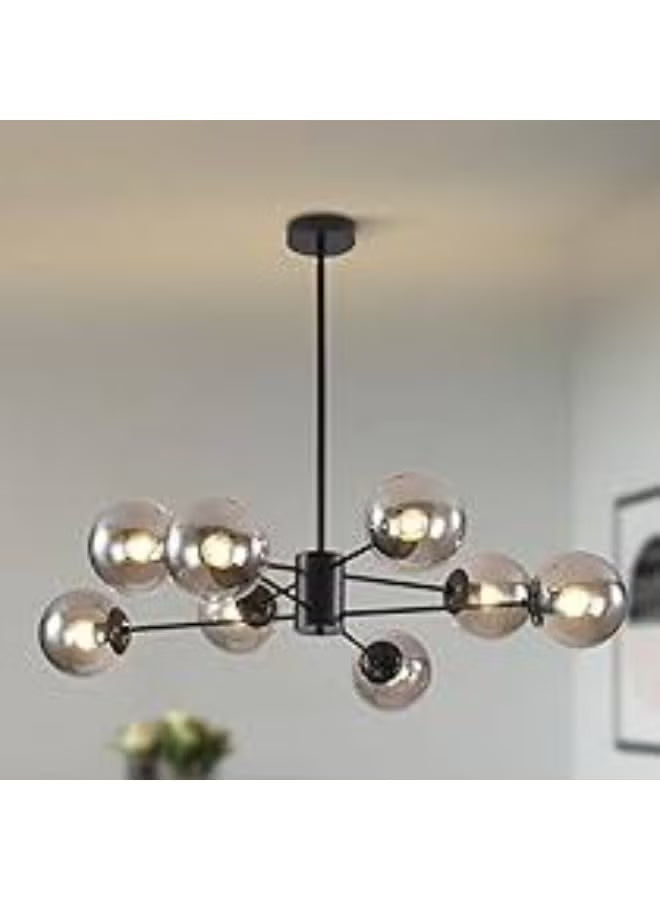 Modern 12-Light Glass Globe Chandelier – Black Metal Sputnik Ceiling Light Fixture for Living Room, Dining Room & Bedroom – Adjustable Industrial Pendant Lamp with Smoky Glass Shades