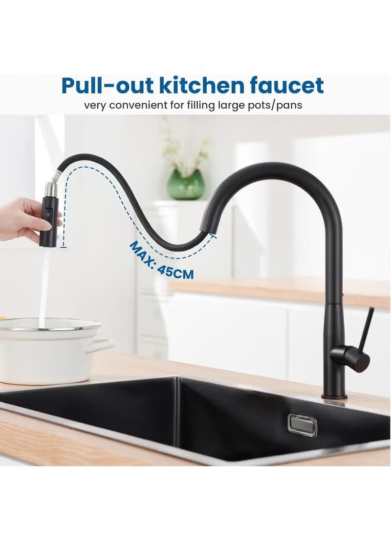 Premium Pull-Down Kitchen Faucet – Matte Black Stainless Steel Kitchen Sink Mixer Tap with Dual Spray, 360° Swivel & Single Handle Control