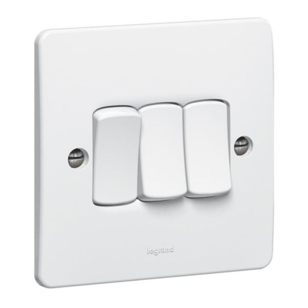 Legrand Synergy 3 gang 1 way single pole switch, 10AX 250V, flush-mounted, white
