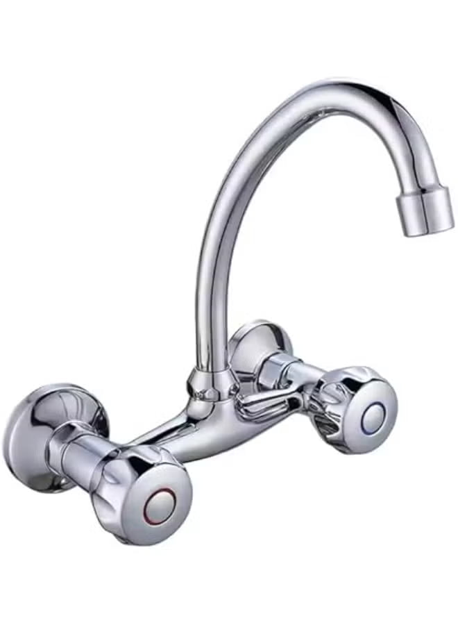 Wall Mounted Sink Mixer Faucet – Dual Handle Hot & Cold Water Tap with Aerated No Splash Stream, 22cm Spout, Chrome Finish, Stainless Steel Kitchen & Bathroom Mixer Tap