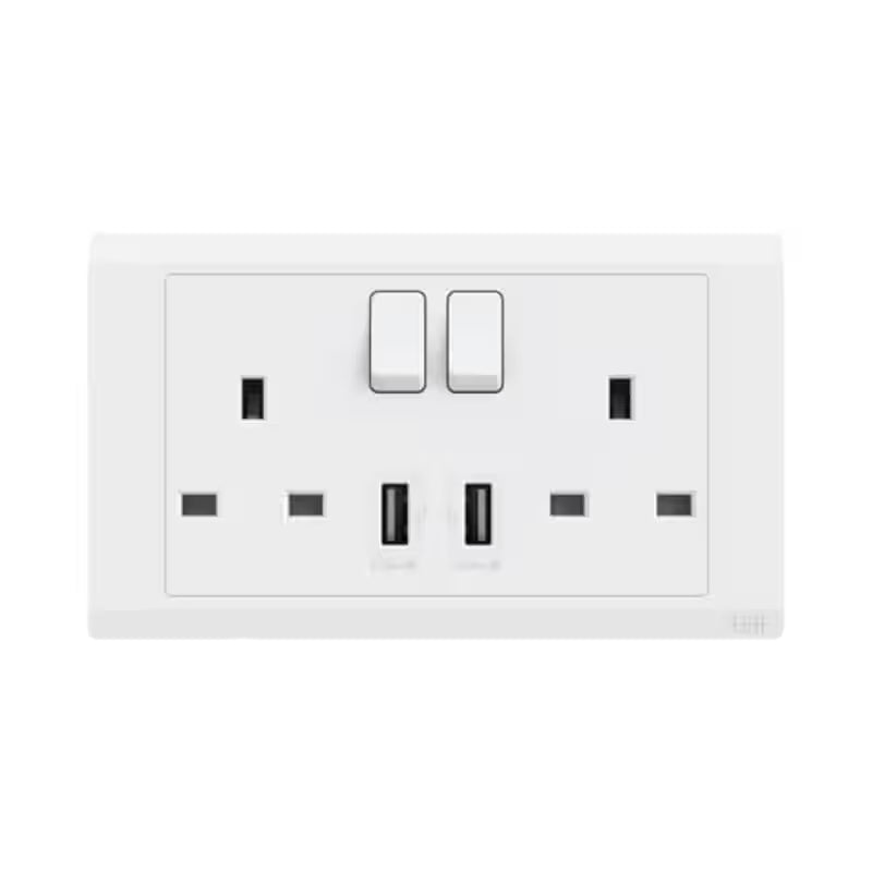 ABB Inora BL262 2 gang 13A double pole switched socket with dual USB Type-A ports in white
