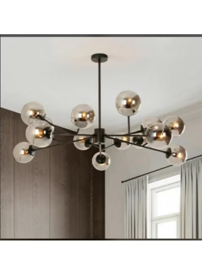 Modern 12-Light Glass Globe Chandelier – Black Metal Sputnik Ceiling Light Fixture for Living Room, Dining Room & Bedroom – Adjustable Industrial Pendant Lamp with Smoky Glass Shades