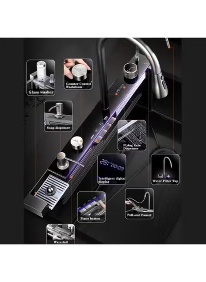 Smart Kitchen Sink with Touch Control LED Display, Dual Waterfall Faucet, Vegetable Washer, Soap Dispenser, and Multifunction Accessories – Stainless Steel Double Bowl Sink for Modern Kitchens