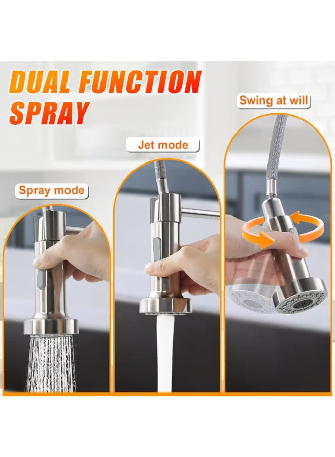 Stainless Steel Kitchen Faucet with Pull Down Sprayer – 360° Swivel Single Handle Sink Mixer Tap | Modern Kitchen Faucet with Dual Spray Modes | Hot & Cold Water Kitchen Tap