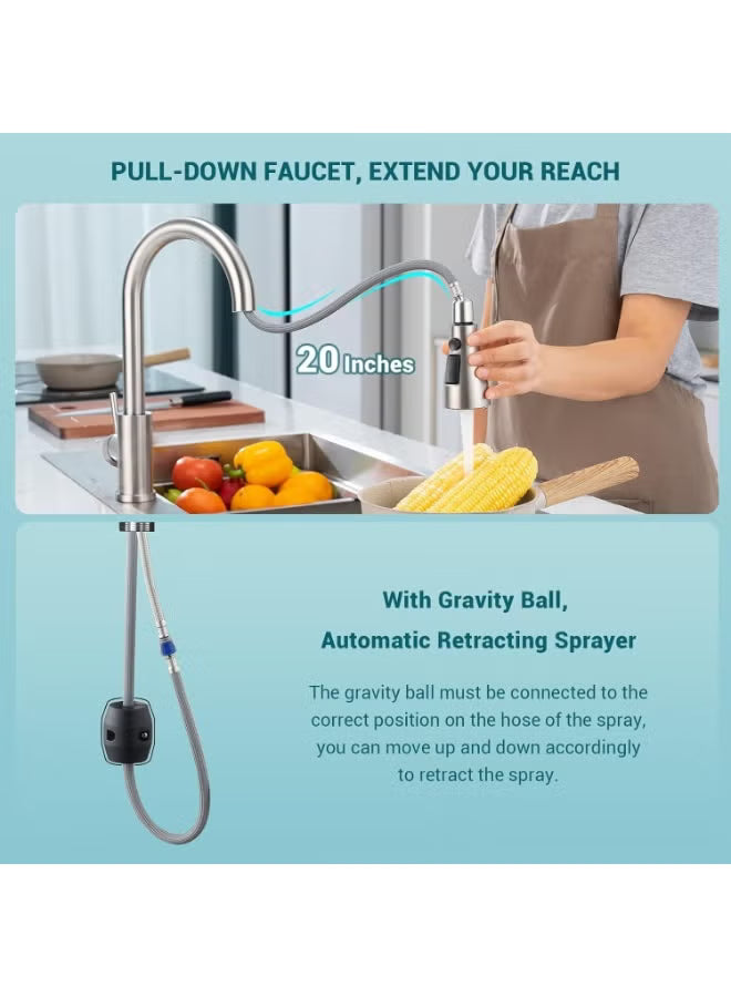 Brushed Nickel Kitchen Tap with Pull Down Sprayer – 3 Water Modes, Stainless Steel Single Handle Mixer Faucet