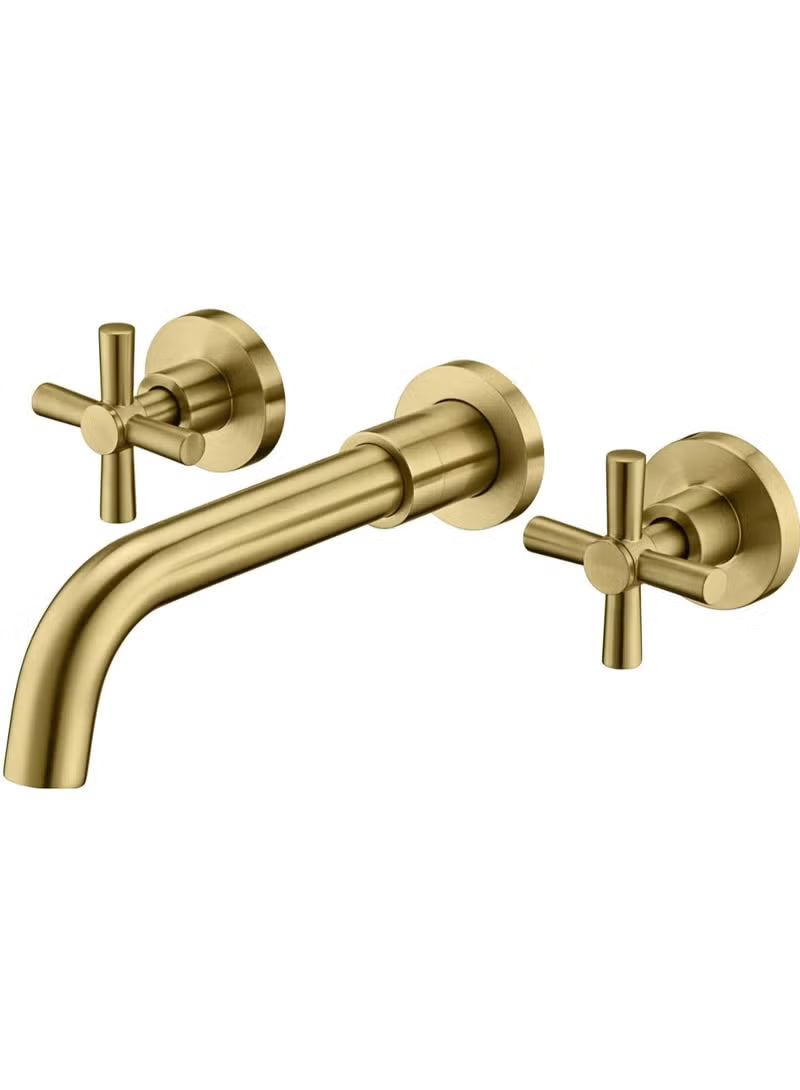 Luxury Gold Wall Mounted Basin Faucet with Dual Cross Handles – Brushed Brass Finish, Hot & Cold Water Mixer Tap for Bathroom Sink, Modern Design, Durable Corrosion & Rust Resistant