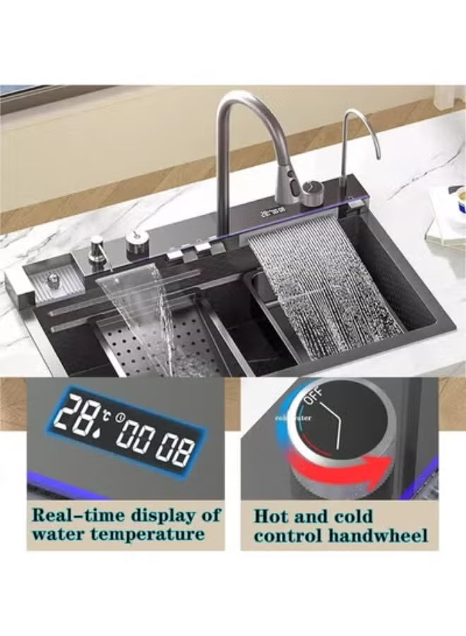Smart Kitchen Sink with Touch Control LED Display, Dual Waterfall Faucet, Vegetable Washer, Soap Dispenser, and Multifunction Accessories – Stainless Steel Double Bowl Sink for Modern Kitchens