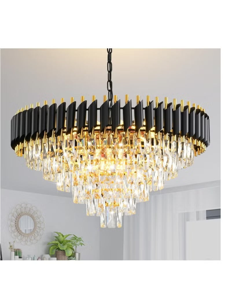 Modern Luxury Crystal Chandelier – Elegant Gold & Black Ceiling Light Fixture for Living Room, Dining Room, or Foyer | Large Statement Lighting with Adjustable Chain & Dazzling Crystal Design