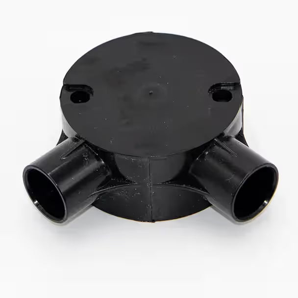 Decoduct 20mm PVC 2-way circular junction box (through box), model DJT2