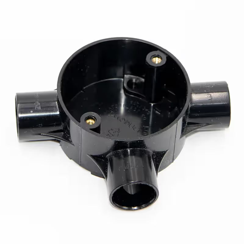 Decoduct 25mm PVC 3-way circular junction box (tee box), model DJE3