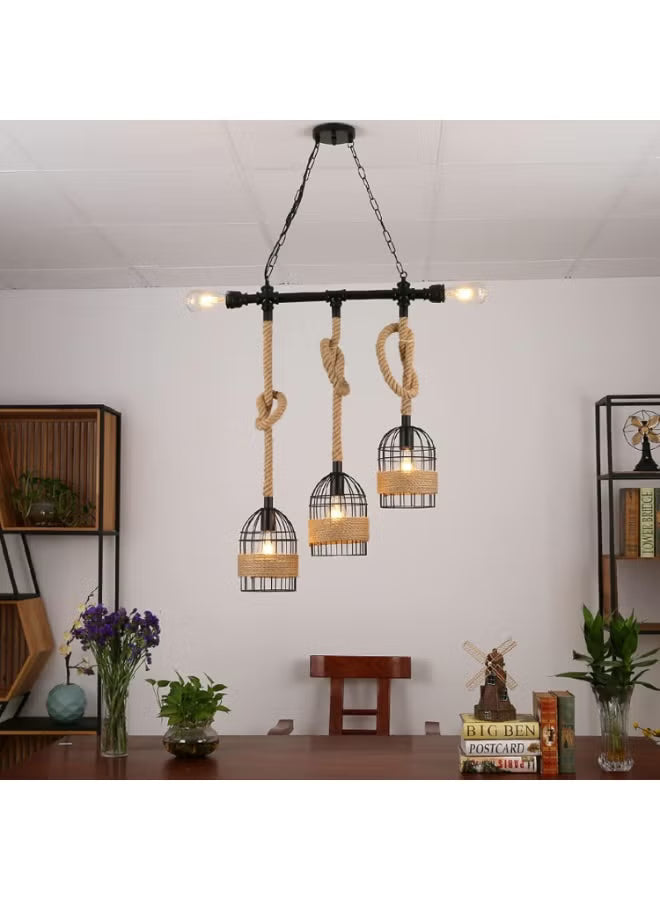 LED Chandeliers Retro Pendant Light – Birdcage Hemp Rope Hanging Lamp, Creative Vintage Ceiling Light for Dining Room, Kitchen, Hallway, Bar, Bedroom, Villa
