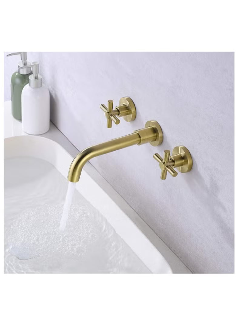 Luxury Gold Wall Mounted Basin Faucet with Dual Cross Handles – Brushed Brass Finish, Hot & Cold Water Mixer Tap for Bathroom Sink, Modern Design, Durable Corrosion & Rust Resistant
