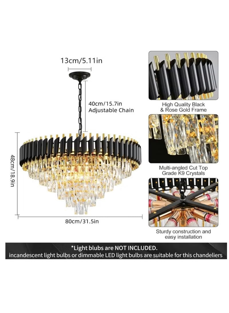 Modern Luxury Crystal Chandelier – Elegant Gold & Black Ceiling Light Fixture for Living Room, Dining Room, or Foyer | Large Statement Lighting with Adjustable Chain & Dazzling Crystal Design