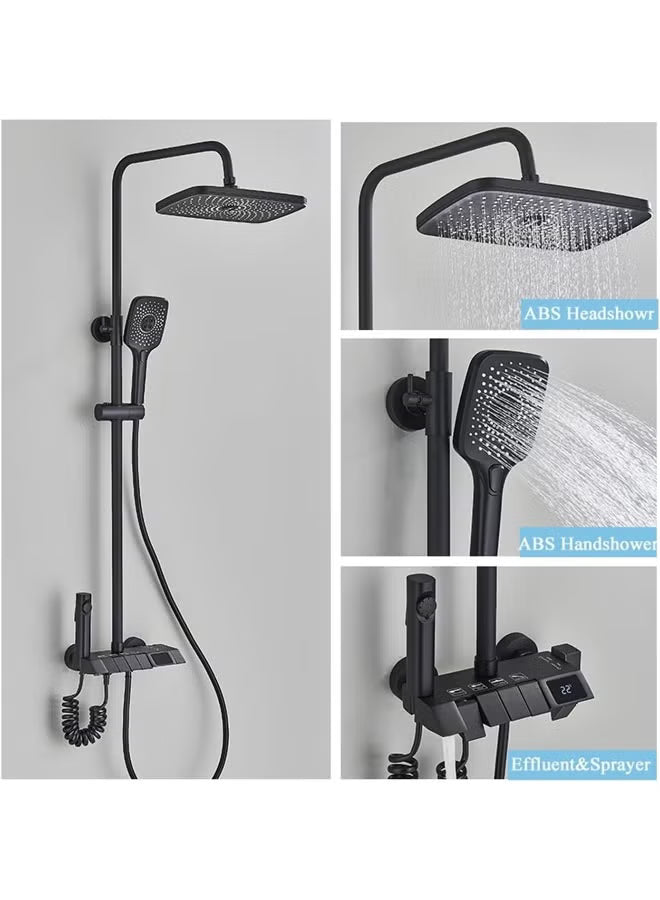 Bathroom Thermostatic Shower Mixer Set Bathroom Intelligent Piano Keys Shower Faucet Digital LCD 4 Function Wall Mount Rainfall Cold Hot Water Bathroom Shower System Overhead Rainfall Shower Head Twin