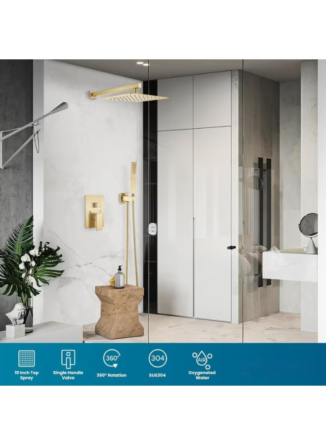 Rainfall Shower System with 10-Inch Brushed Gold Rain Shower Head & Handheld – Wall Mounted Bathroom Combo Set with Solid Brass Pressure Balance Valve – Luxury Full Body Shower Fixture for Modern Bathrooms
